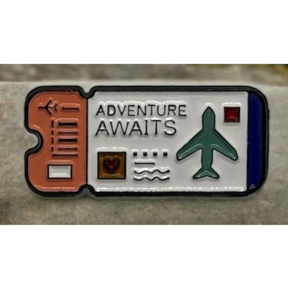 Adventure Awaits AirPlane Multicolor Ticket Metal Enamel Pin - Picture 1 of 2